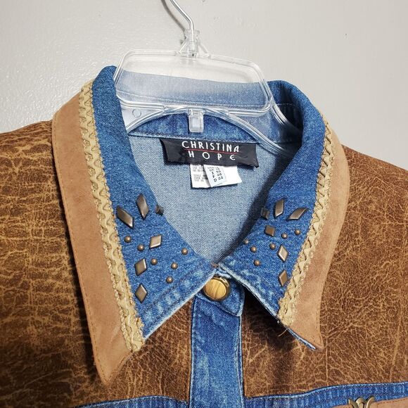 Vintage 1990's Womens Rodeo Western Button Up Shirt Size 16 Suede Denim Studded - Picture 3 of 11